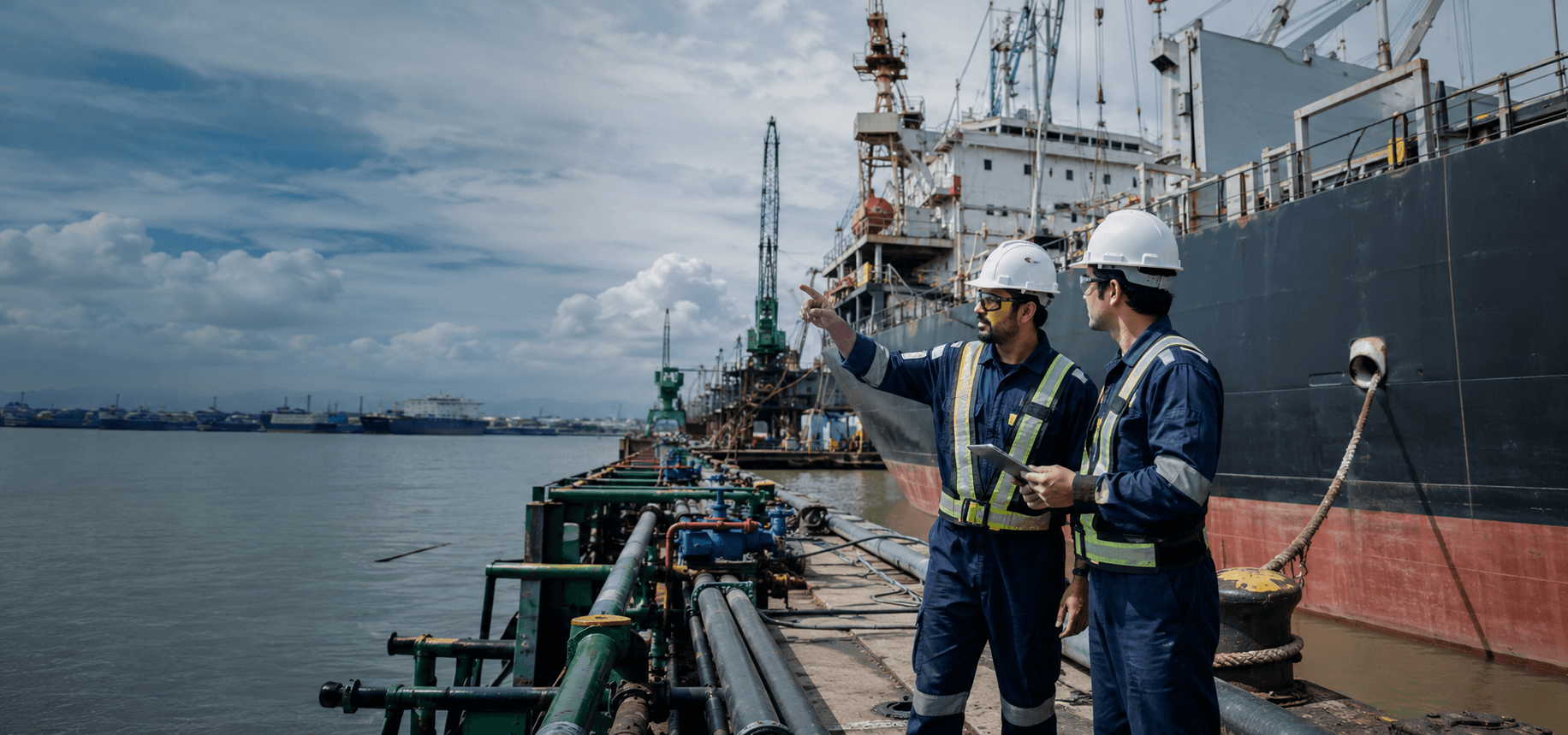 Marine engineering professionals working at a shipyard