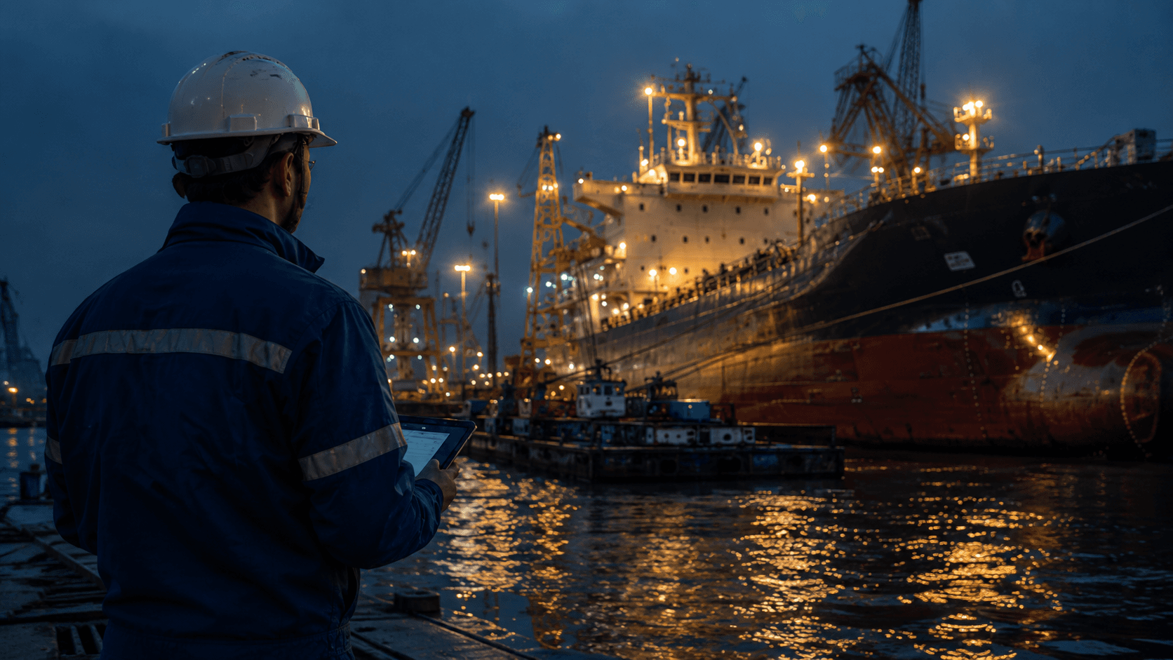 Marine engineer working beside a vessel at Chattogram Port