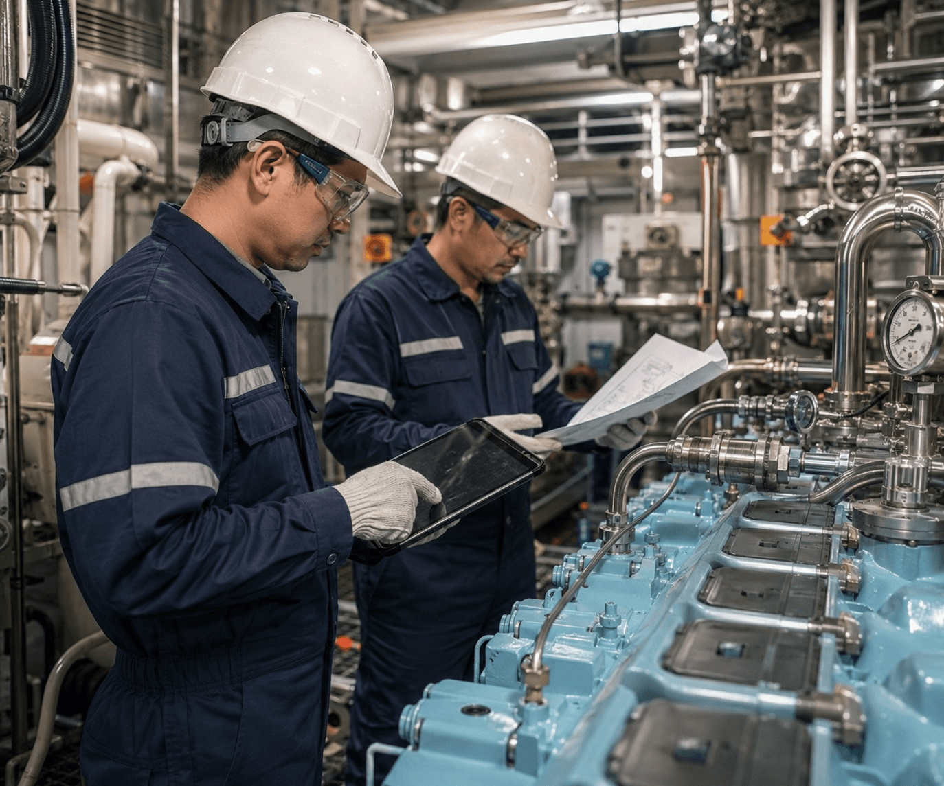 Marine engineers inspecting vessel machinery
