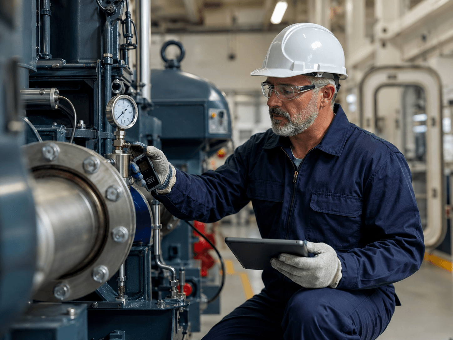 Marine engineer testing repaired machinery