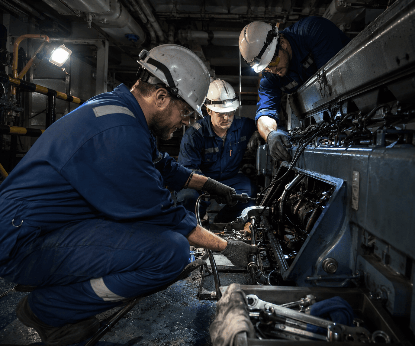 Emergency marine engine repair team