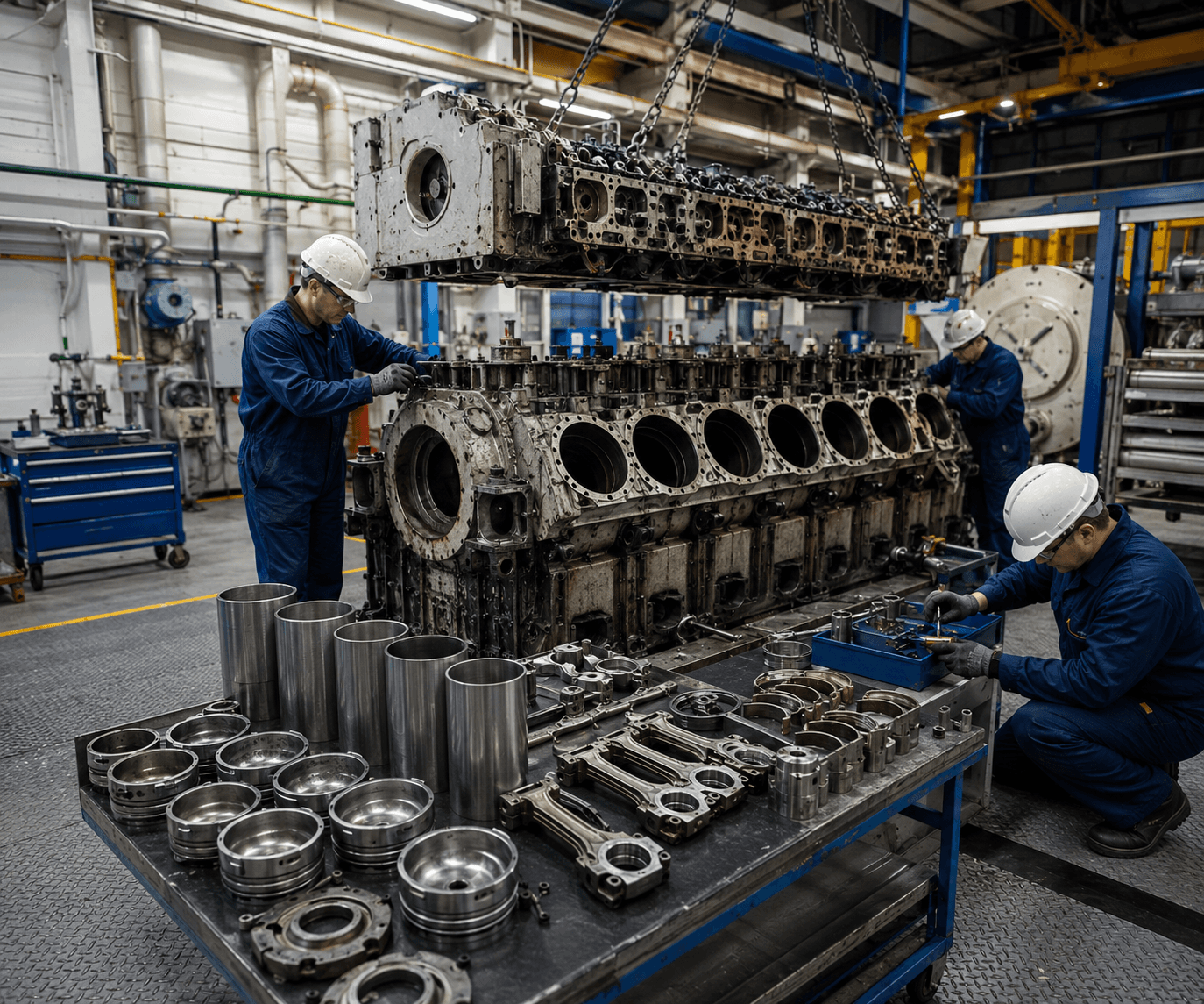 Marine engine being overhauled in a workshop