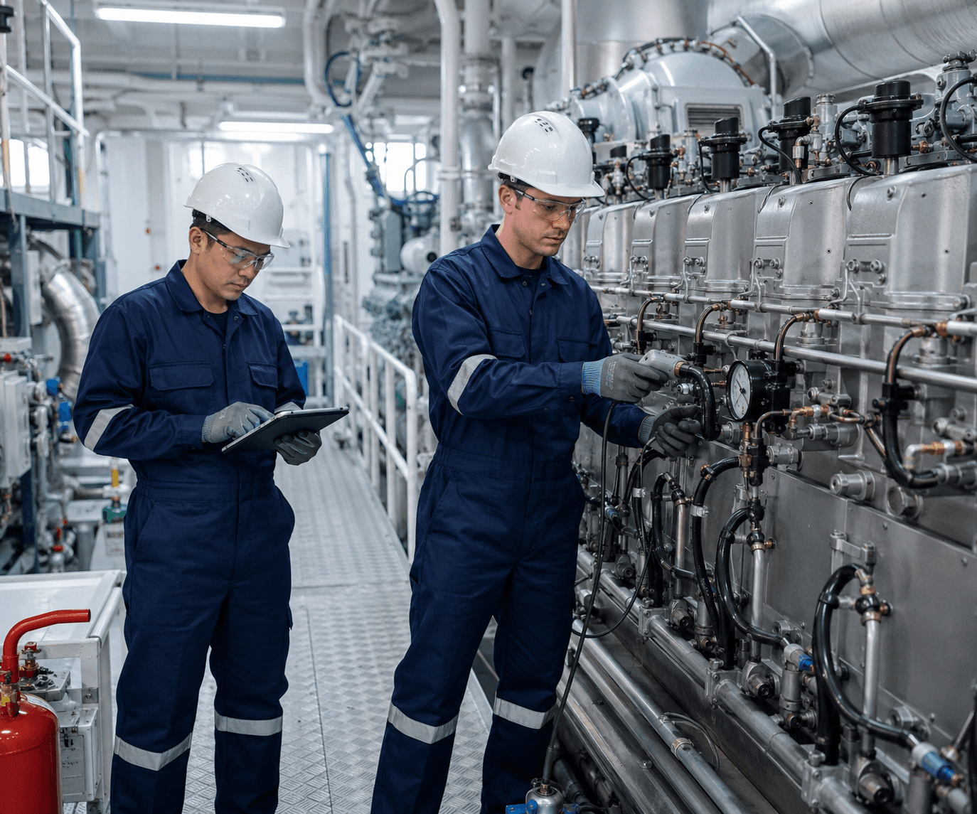 Marine engineers inspecting a diesel engine