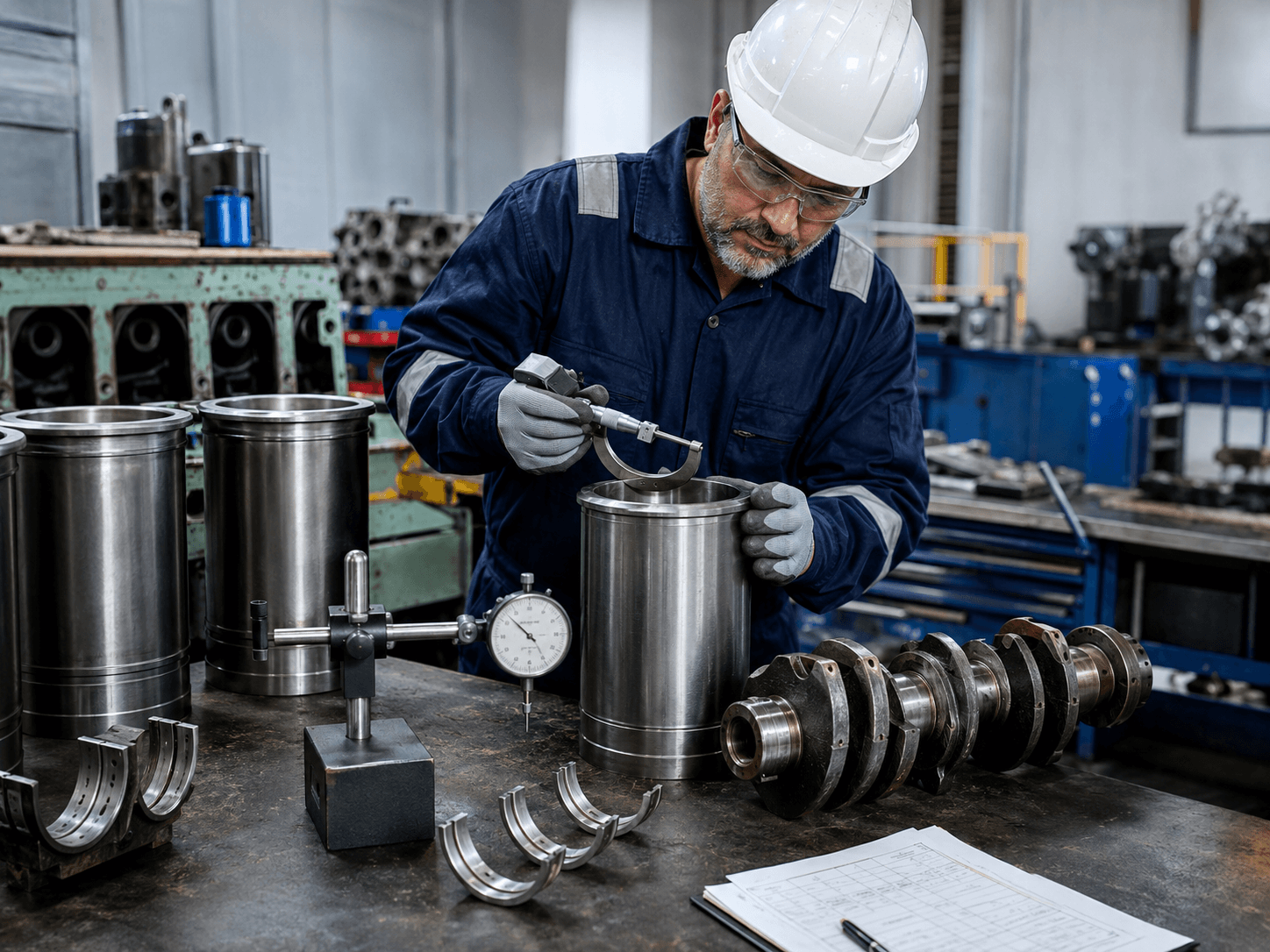 Marine engineer measuring and testing engine components